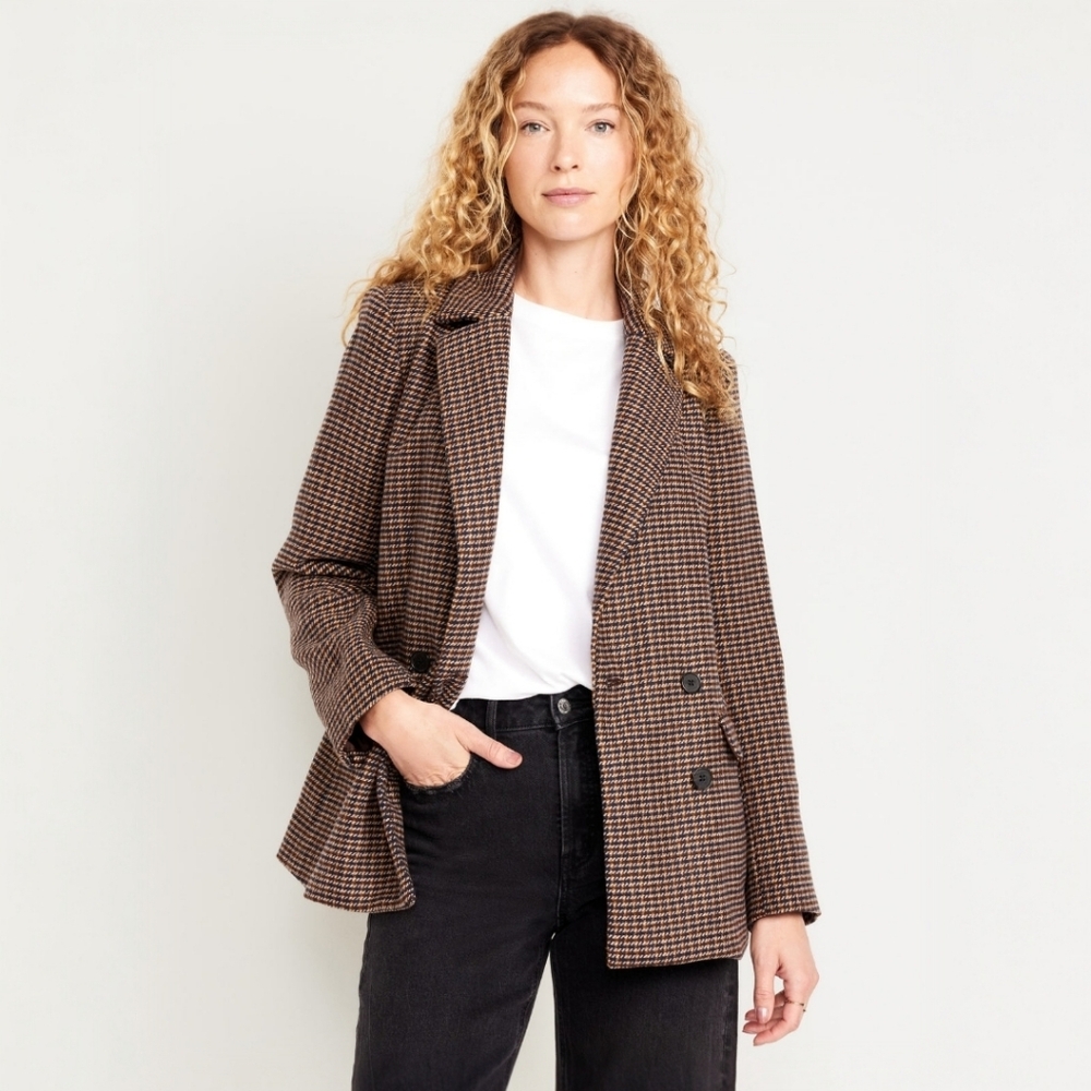 Old Navy Womens Plaid Brown Blazer XXL Boxy Oversized Fit Houndstooth Pockets